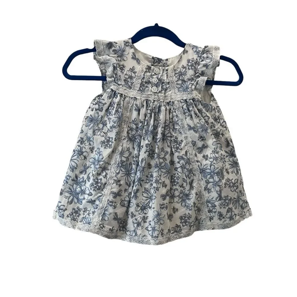 Piper & Posie Blue White Floral Lace Short Sleeve Lined Dress Baby Girls 0-3M